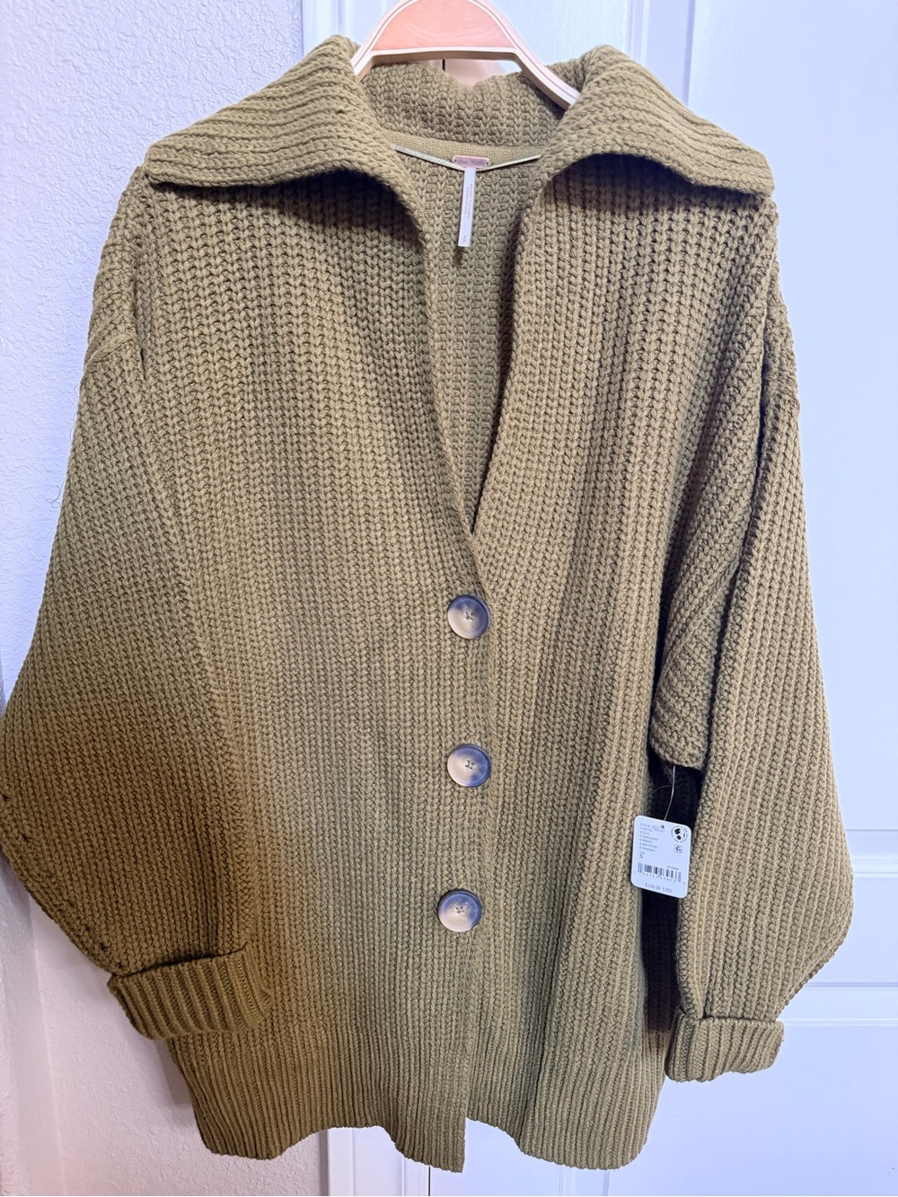 Free People Oregano Green Chunky Knit Button-Front Women's Sweater - Picture 5 of 6